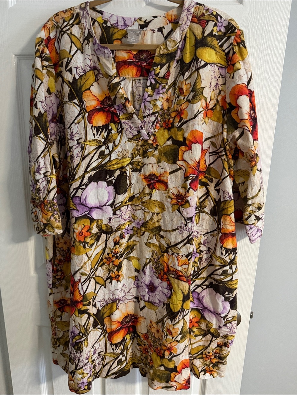 Chico’s 100% Linen Floral V-Neck Tunic Dress Size 3 / XL Boho Coastal Grandma